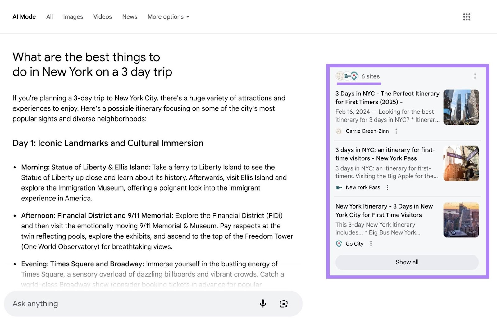 AI Mode on Google with the website links used in its response appearing on the right-hand side.