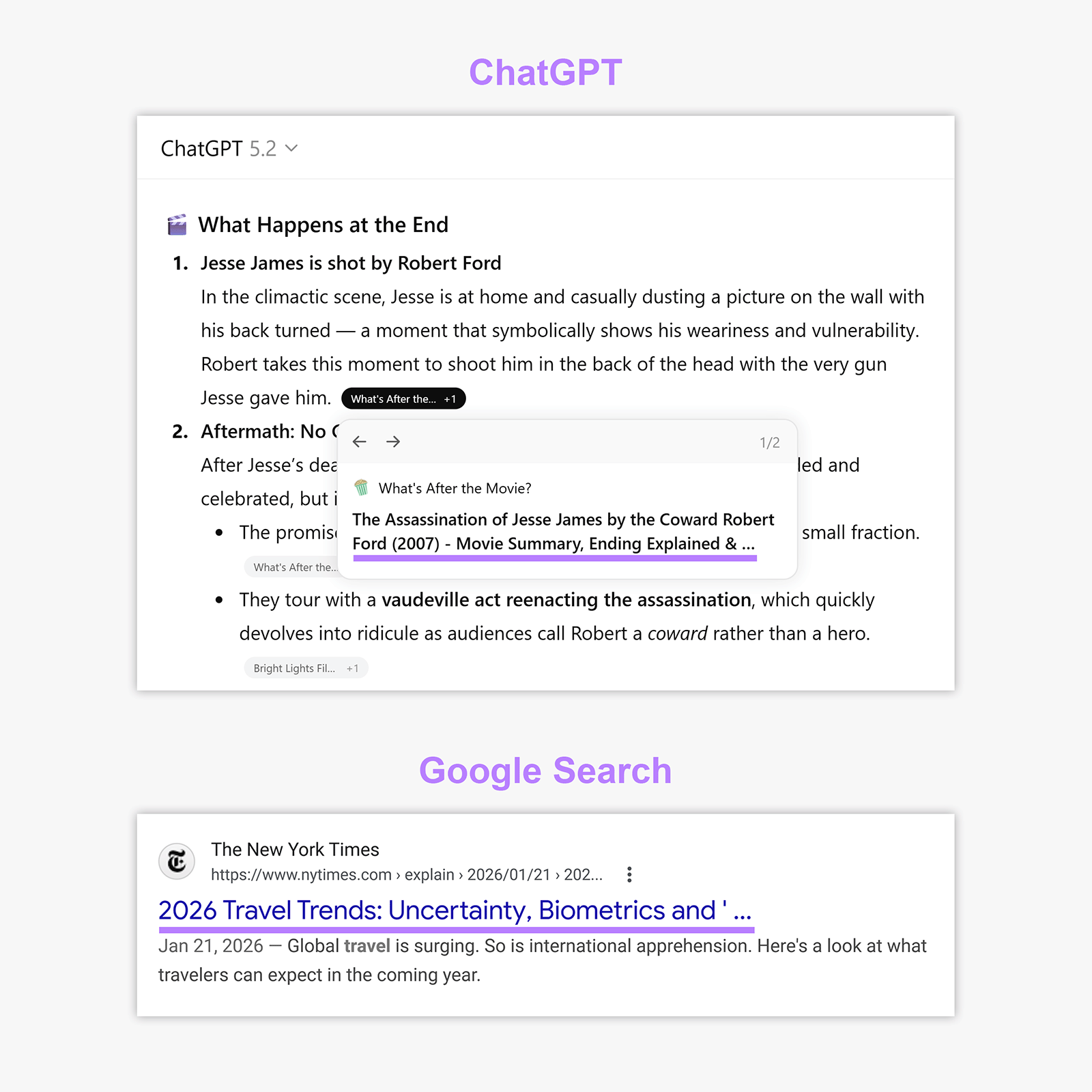 ChatGPT and Google Search results with truncated title tags in listings.