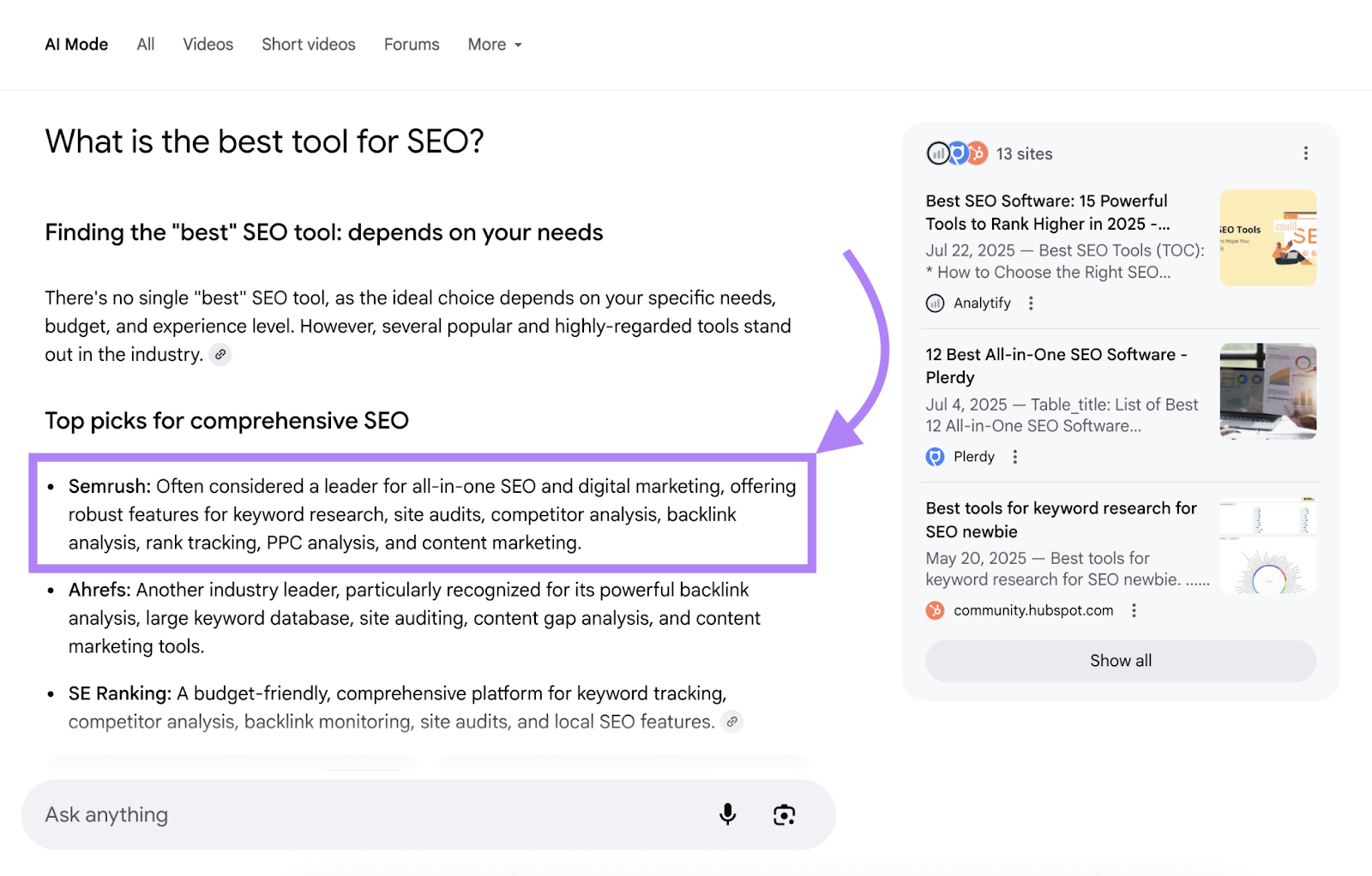 Semrush appears as the first brand mention for a Google AI Mode query.