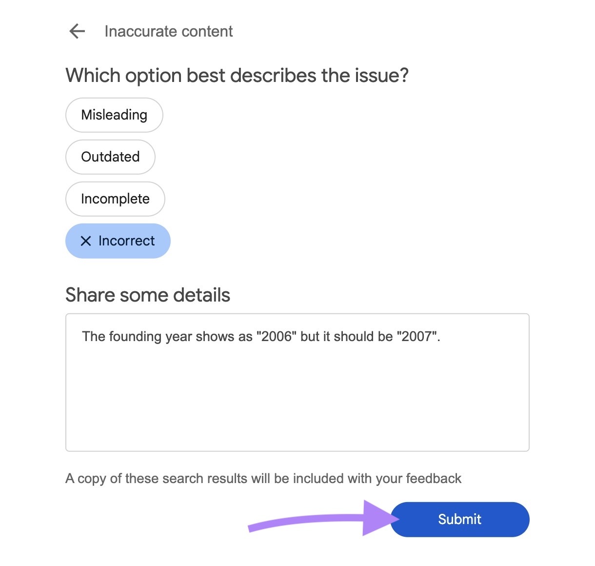 The "Inaccurate content" window on Google with a reason selected, details entered, and "Submit" clicked.