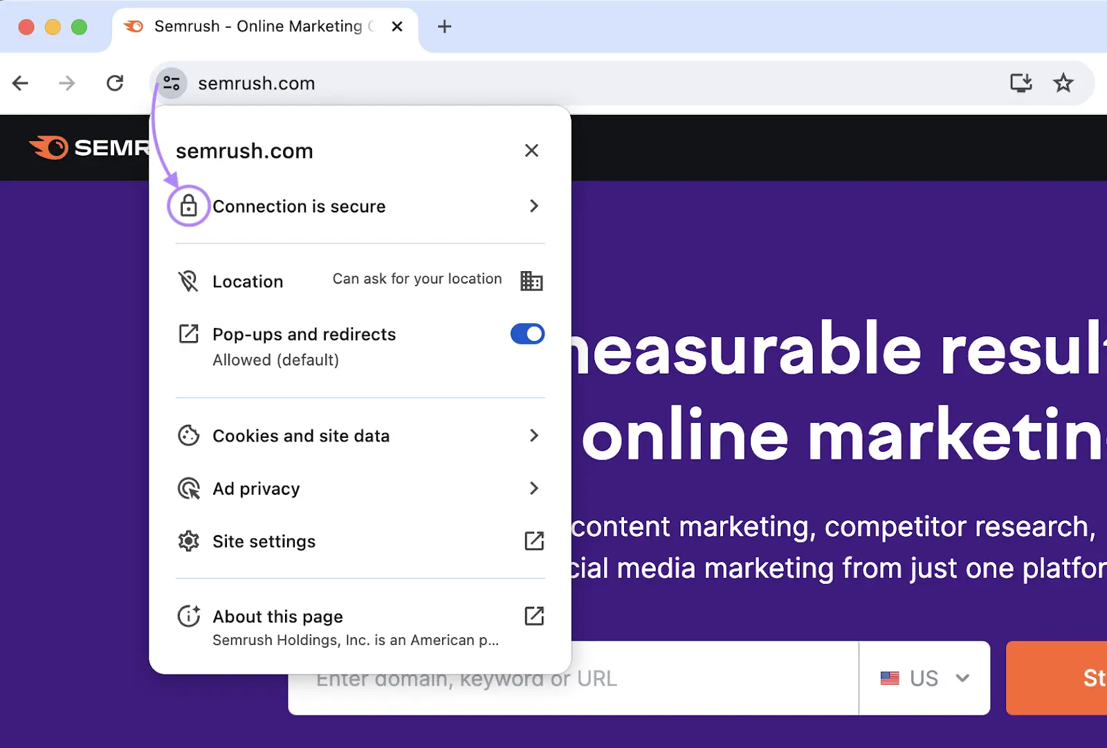 The toggle button next to a URL in the search bar shows a drop down with a padlock that says "connection is secure."