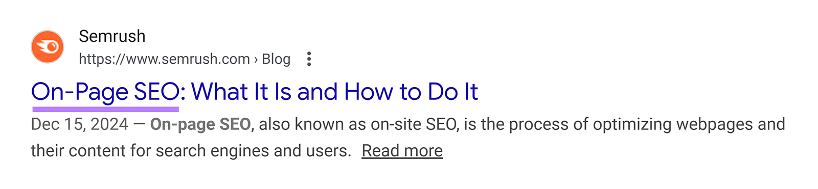 Google search result highlighting a page title optimized around a specific keyword phrase 'On Page SEO'.