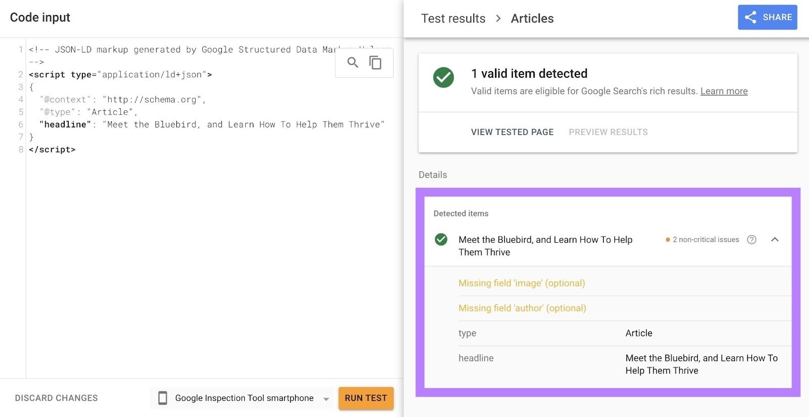 Detected schema markup along with schema issues highlighted on the right-hand side of Google’s Rich Results Test.